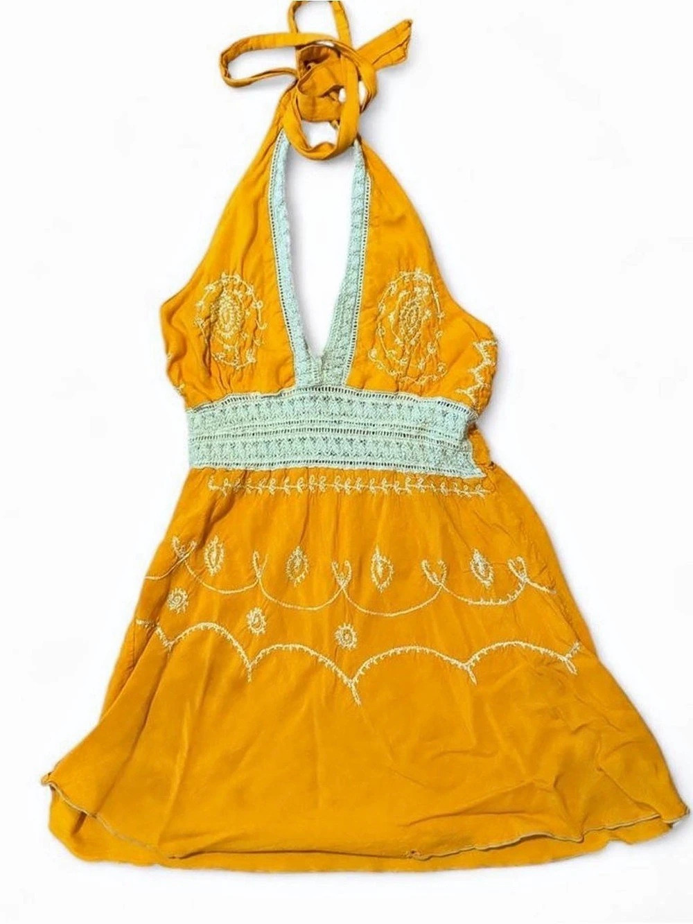 Women’s Medium Mustard Orange Embroidered Halter Top Boho Y2K